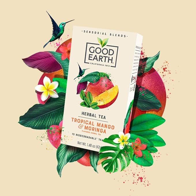 Good Earth Sensorial Blend Flavored Herbal Tea Tropical Mango and Moringa No Artificial Color No Preservatives 15 Bag (Pack of 5)