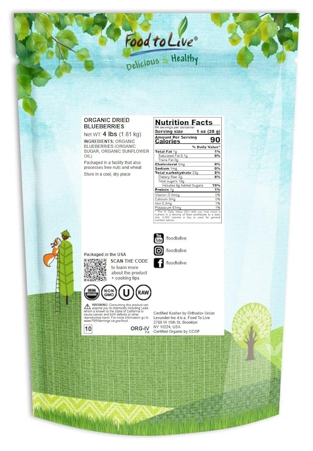 Food to Live Organic Dried Blueberries 4 Pounds Non-GMO Kosher Vegan Unsulfured Bulk