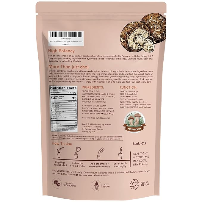 Bunkell Mushroom Chai Adaptogenic 6 Mushrooms with Lion's Mane Reishi Cordyceps Shiitake King Trumpet &amp Turkey Tail Chai Powder for Energy Focus Digestion &amp Immune Support 20 Servings