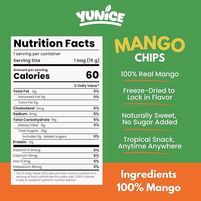 YUNiCE Freeze-Dried Mango Chips 100% Real Fruit Snack Gluten Free Plant Based dried mango no sugar added Crunchy Tropical On-The-Go Snack MANGO 0.70 Ounce (Pack of 12)