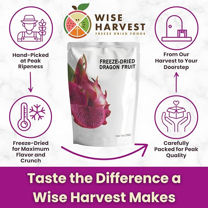 Wise Harvest Freeze-Dried Dragon Fruit – Five 1oz Packs | Single Ingredient Snack | 100% Real Fruit No Sugar Added Just Crunch | Healthy Vegan Gluten-Free Snack for Kids &amp Adults