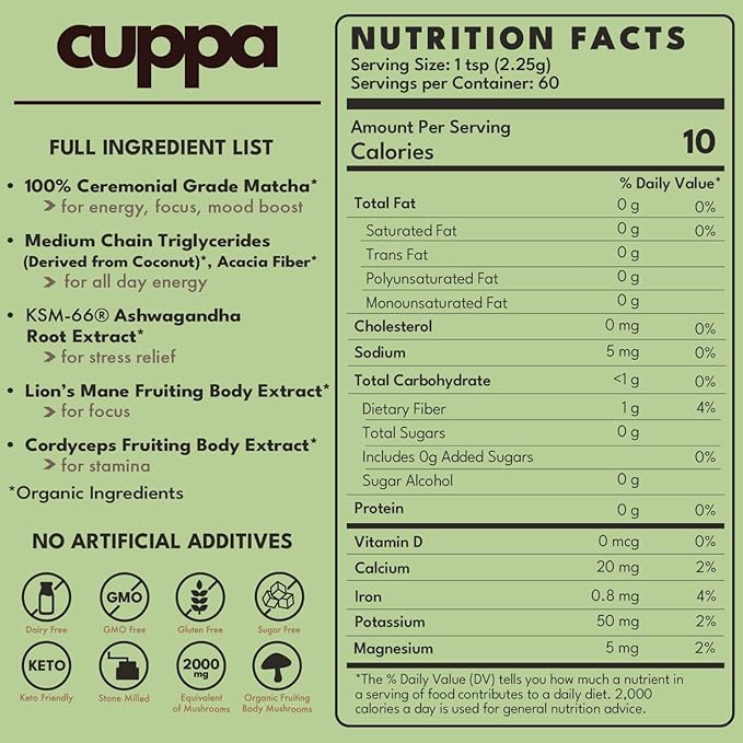 Cuppa Matcha- Great tasting ceremonial matcha with mushrooms adaptogens &amp superfoods - Lion's Mane Ashwagandha Cordyceps MCT &amp Prebiotic Fiber . Supports natural energy &amp better menta