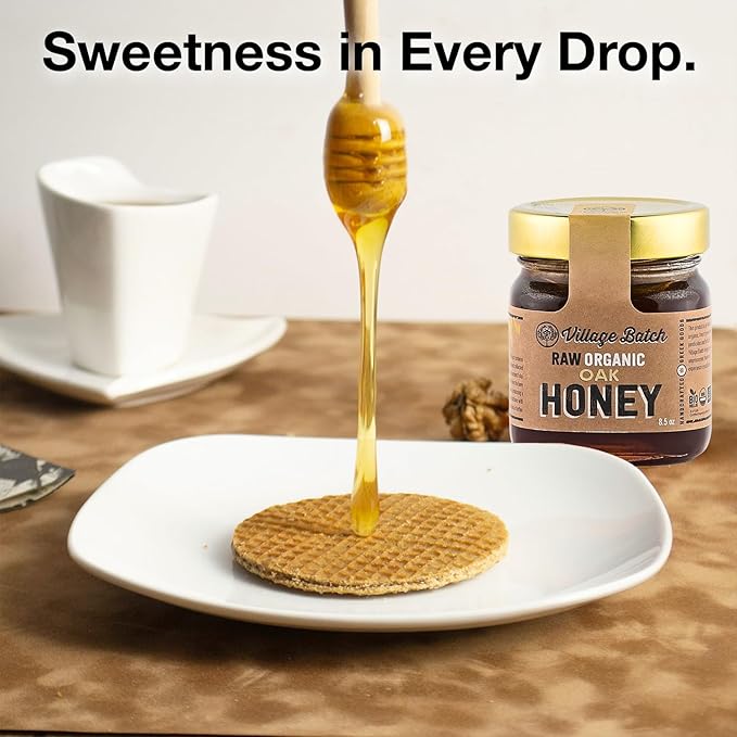 Village Batch Raw Organic Oak Honey 8.5oz Jar (Pack of 1) from Foloi Oak Forest Dark Amber Rich Caramel and Toffee Notes Unfiltered and Unpasteurized Greek-Honey