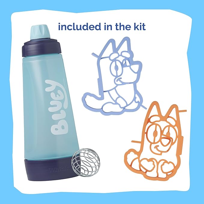 Whiskware Bluey Pancake Art Kit 1 Batter Bottle 2 Silicone Bluey and Bingo Pancake Molds and 1 BlenderBall Wire Whisk Durable No-Mess Breakfast BPA Free Dishwasher Safe