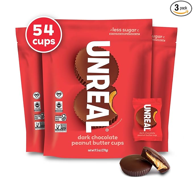 UNREAL Dark Chocolate Peanut Butter Cups (3 Value Size Bags) | Vegan 5g Sugar | Gluten Free Fair Trade Non-GMO | 9.5oz each