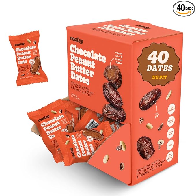 Realsy Stuffed Medjool Dates Organic Dates with No Sugar Added Gluten-Free Vegan All Natural Healthy Snack Single Wrapped (40 ct) (Chocolate Peanut Butter)