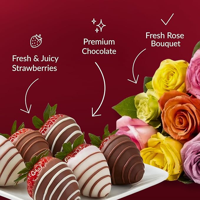 Shari’s Berries 12 Assorted Roses &amp 6 Gourmet Chocolate Covered Strawberries Gift Bundle| Flower &amp Chocolate Gift Delivery for Valentine's Day Anniversary Birthday &amp Thank You (No Vase)