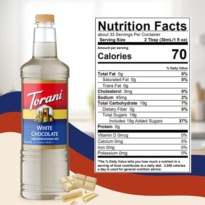 Torani White Chocolate Syrup 1 Liter Bottle with Pump – Premium Coffee Flavoring with Natural Ingredients for Lattes Mochas Desserts Cocktails &amp Baking – Café-Style Sweetener for Home Baristas