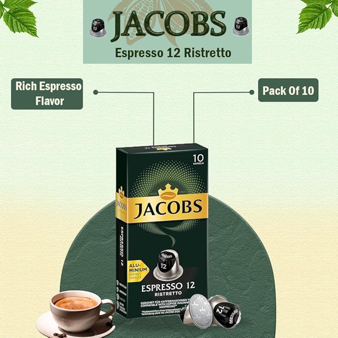Jacobs Espresso 12 Ristretto 10x10 CAPSULES Coffee Capsules Compatible with (057 USD/1 CAP)