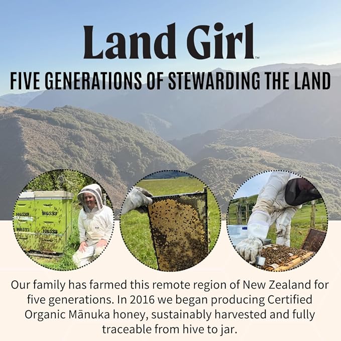 Land Girl Organics New Zealand Raw Premium Manuka Honey | Monofloral USDA Certified Organic Superfood UMF 5+ MGO 100+ Hive to Hand 8.8 oz Glass Jar