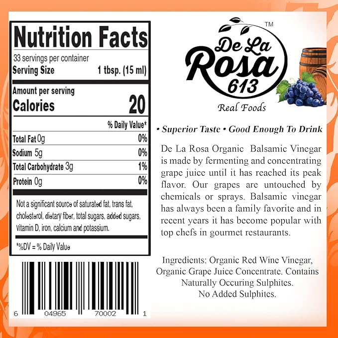 De La Rosa Organic Balsamic Vinegar &amp Organic Extra Virgin Olive Oil 100% Pure Vegan Kosher Non-GMO &amp Gluten Free Great for Salad Dressings Marinades &amp More 16.9 Oz (Pack of 2)