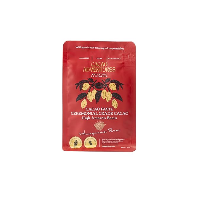 Cacao Adventures Ceremonial Grade Cacao | 100% Pure | Dairy Free &amp Vegan | Unsweetened | Ethically sourced and sustainably grown |Vegan Peruvian| 8 oz