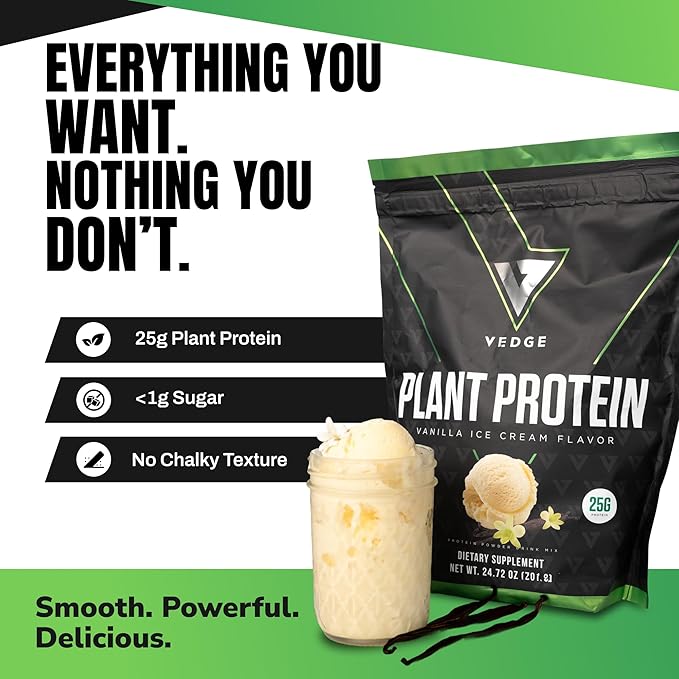 VEDGE Vanilla Protein Powder Creatine Monohydrate and Vegan Omega 3 Complete Vegan Performance Stack for Muscle Strength Endurance &amp Recovery Superfood Vitamin A Vitamin C and Amino Acids