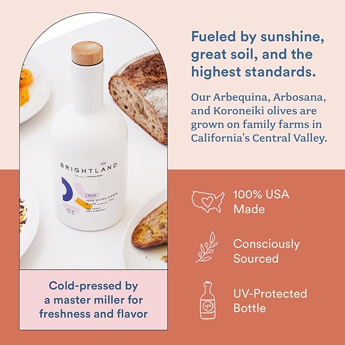 Brightland Extra Virgin Olive Oil Alive - High Polyphenol Cold-Pressed Oil Ideal for Salads Hummus Baked Goods &amp Bread - Made from Arbosana Arbequina &amp Koroneiki Olives - 12.7 Fl Oz