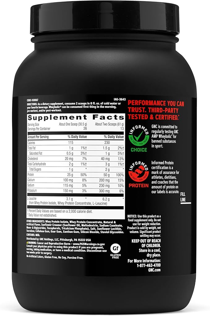 GNC AMP New Wheybolic- Clinically Studied Whey Protein Powder for Workouts &amp Active Lifestyles- High Leucine Content- Smooth Mixing Drink Mix for Fitness Shakes- Classic Vanilla - 28 Oz (13 Servin