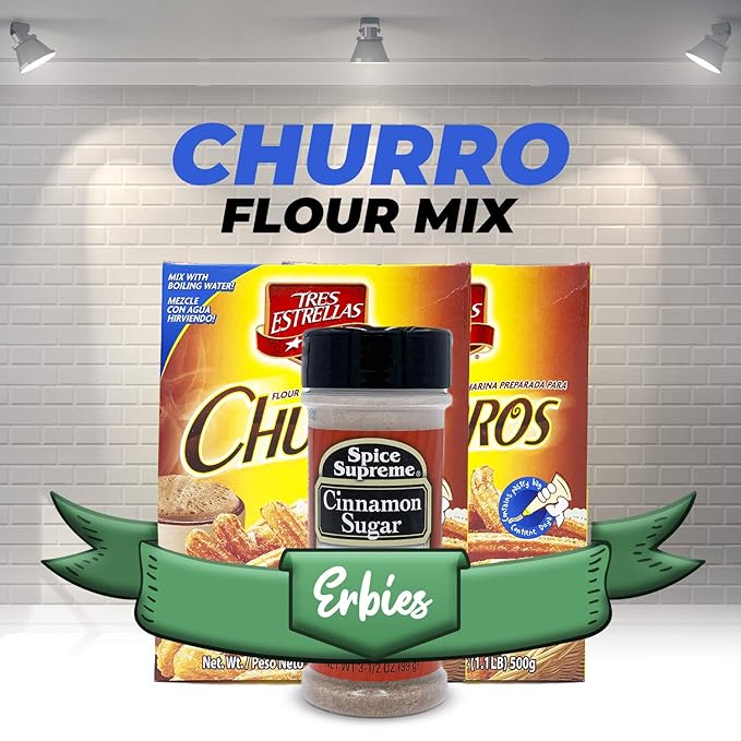 Tres Estrellas Churros Mix with Spice Supreme Cinnamon Sugar 3 Pc. Bundle Authentic Mexican Batter Powder for Crunchy Donut Sticks Easy to Blend