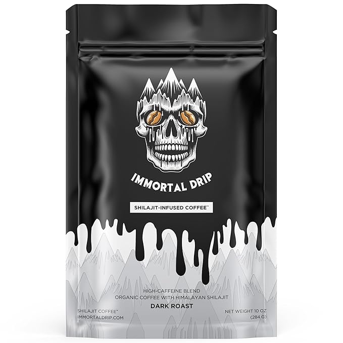 Shilajit Coffee - Immortal Drip Organic Dark Roast Ground Coffee Himalayan Shilajit-Infused High-Caffeine Vitamins - Fulvic Acid &amp 85+ Minerals