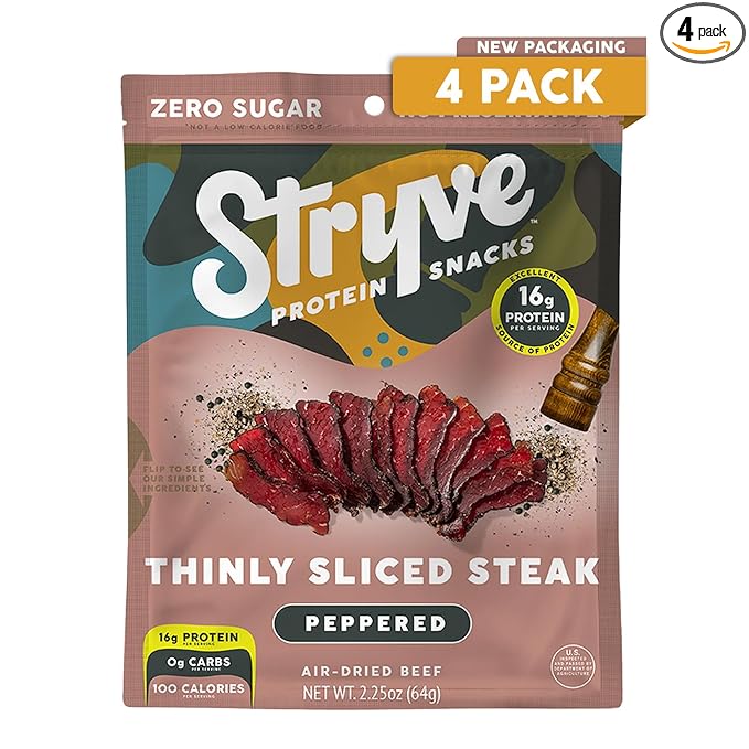 Stryve - Better Than Jerky Steak Snacks Protein Rich Beef Biltong | 36g Protein Sugar Free Carbs Free Gluten Free Dairy Free Keto &amp Paleo Friendly | Peppered Pack Of 4