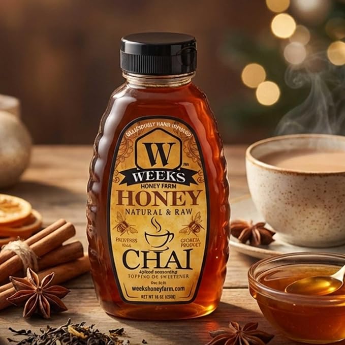 Weeks Chai Honey – Raw Infused Spicy Chai Honey with Brazilian Pepper Gluten-Free Sweetener &amp Topping for Teas Coffees Lattes Ice Cream &amp Desserts – 16 oz Jar
