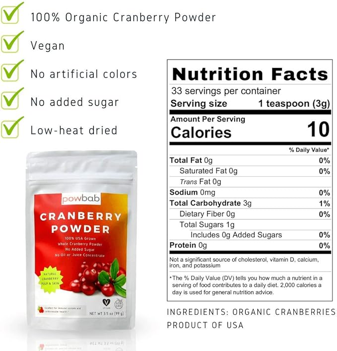powbab Cranberry Powder from 100% USA Grown Organic Dried Cranberries. No Added Sugar. Pure Fruit Unsweetened Cranberry. Not Freeze Dried. (3.5 Oz)