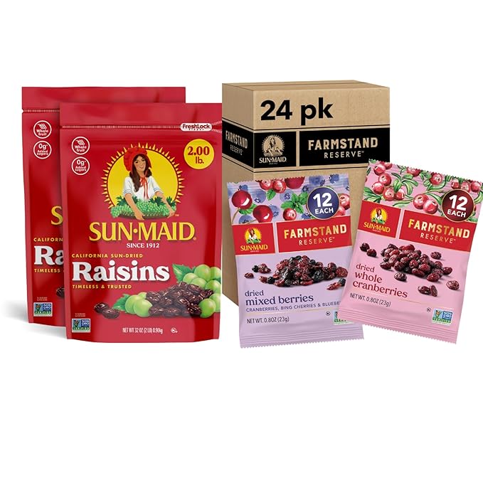 Sun-Maid Bundle California Sun-Dried Raisins (2 Pack) 32 oz Resealable Bag + Farmstand Reserve (24 Count Variety Pack) 0.8 oz Snack Bag Whole Cranberries and Mixed Berries