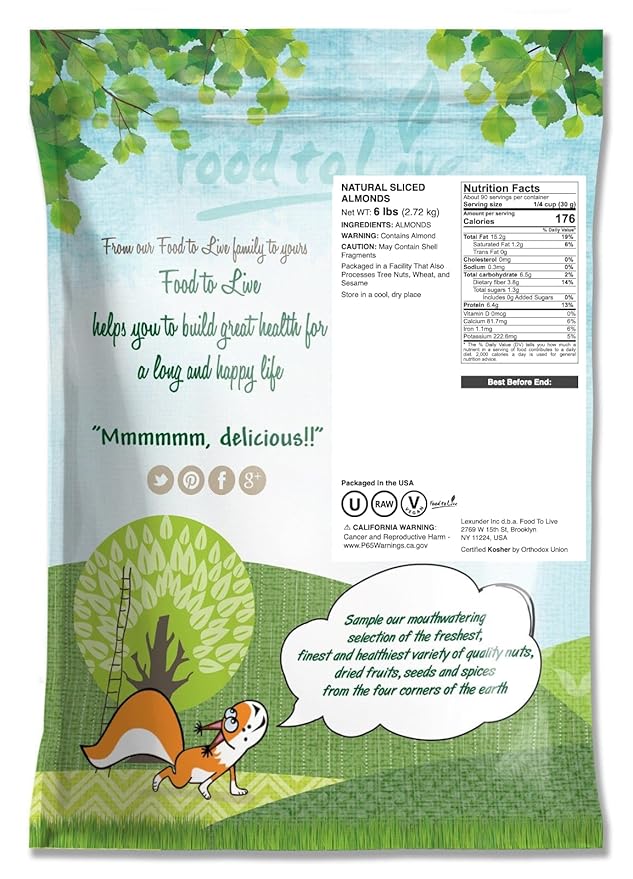 Food to Live California Natural Sliced Almonds 6 Pounds – Raw Unblanched Almond Nuts Kosher Vegan Keto Bulk. High in Protein Dietary Fiber Vitamin E. Great for Desserts Salads Granola