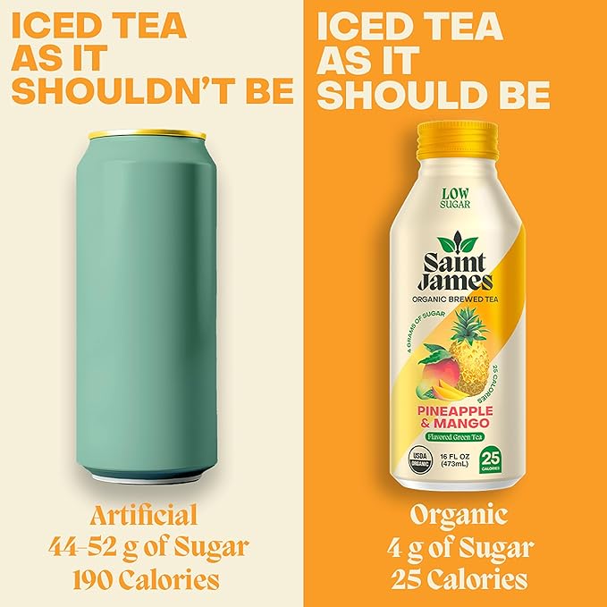 Saint James Iced Tea - Organic Green Tea - Non GMO Gluten Free Low Calorie &amp Low Sugar - Pineapple &amp Mango 12 Pack (16 fl oz each)