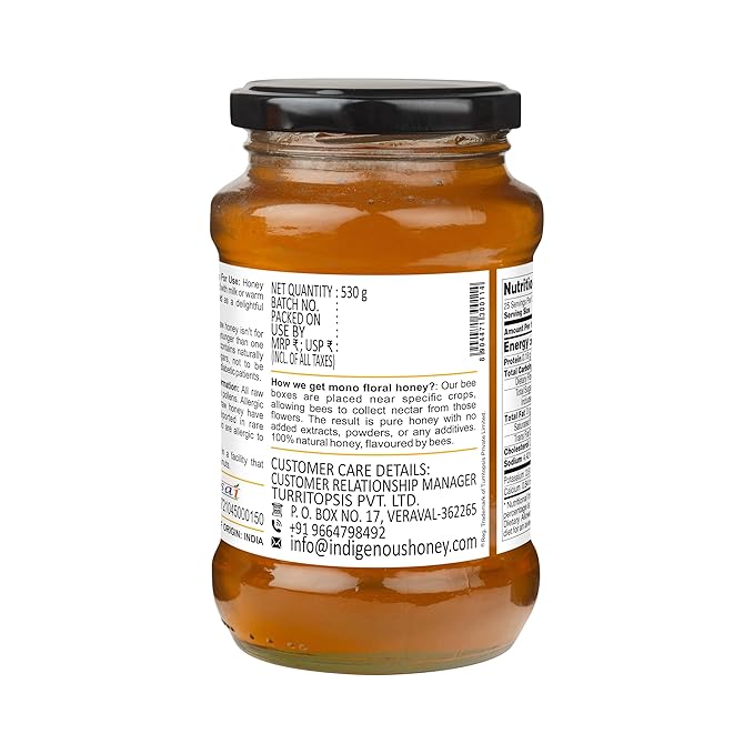 INDIGENOUS HONEY Khair Honey Raw Organic Natural Pure Unprocessed NMR Tested Unpasteurized Unheated 530g Glass Jar Pack of 1