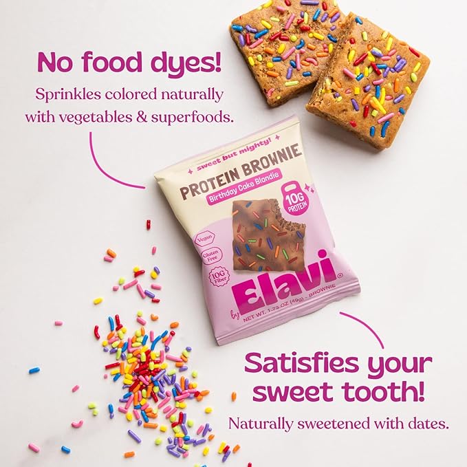 Elavi Birthday Cake Blondie Protein Brownie 10g Protein 10g Fiber Non-Dairy Vegan &amp Gluten Free Delicious Guilt-Free Snack | No Artificial Flavors No Added Sugar No Sugar Alcohols Dye Free