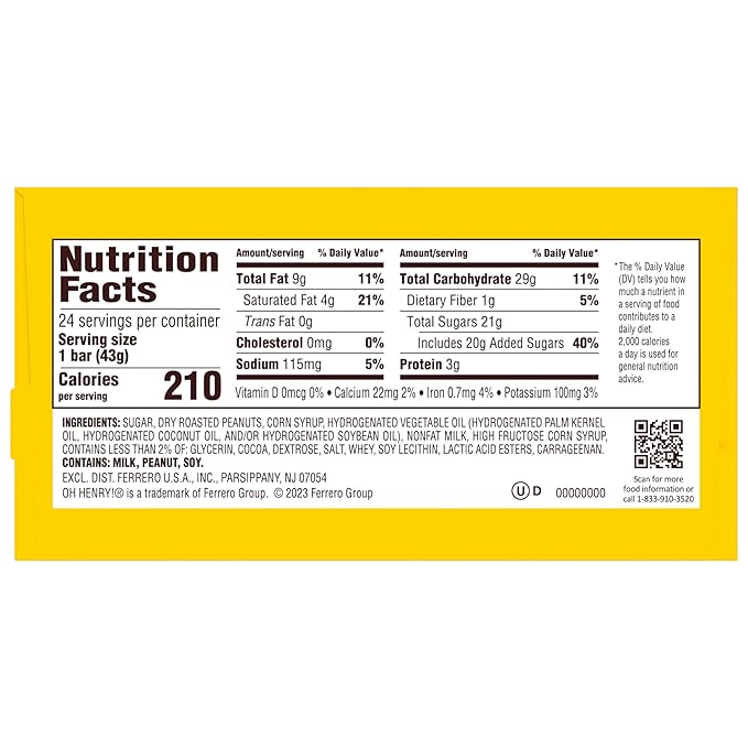 Oh Henry! Peanuty Caramel Fudge Bar Full Size Individually Wrapped Candy Bars 1.5oz each Bulk 24 Pack