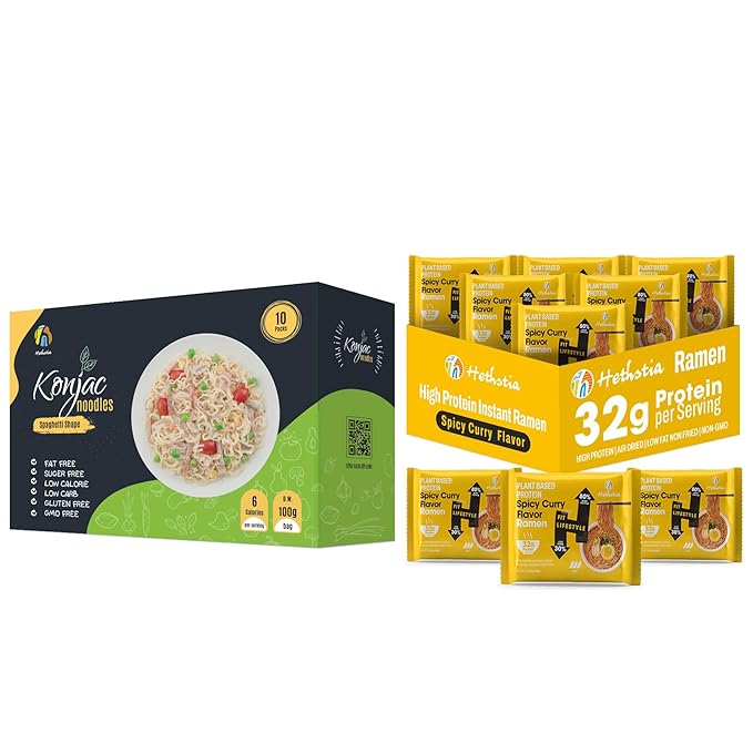 Hethstia Bundle – Shirataki Spaghetti &amp High-Protein Spicy Curry Ramen Low-Carb Konjac Pasta &amp 32g Plant-Based Protein Instant Noodles Vegan Low Fat Non-GMO Healthy Quick Meals (16-Pack T