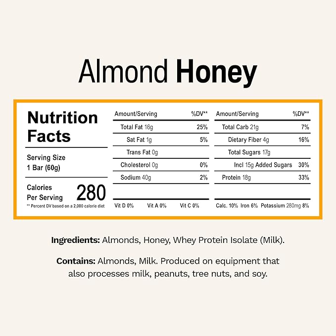 Rise Breakfast Whey Protein Bars Almond Honey 18g Protein 2.01 oz (12 Pack)