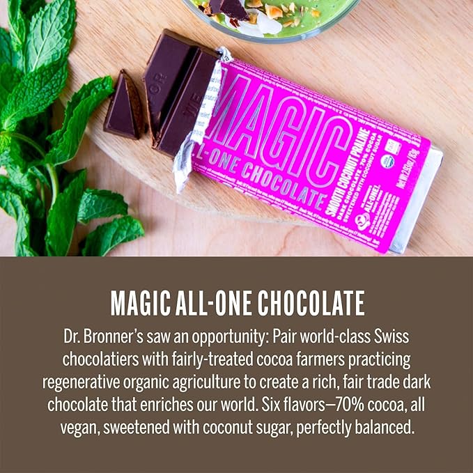 Dr. Bronner's - Magic All-One Chocolate Smooth Coconut Praline Bar—Certified Organic &amp Fair Trade 70% Cocoa No Added Salt Vegan Coconut-Sugar Sweetened &amp Perfectly Balanced | 6 Count