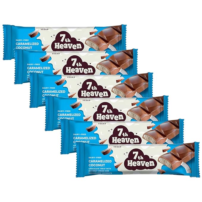 7TH HEAVEN Vegan Chocolate Snack Bars Caramelized Coconut Chocolate 100% Dairy-Free Kosher Sustainable Fair Trade Cocoa 1.6 oz each 6 Packs