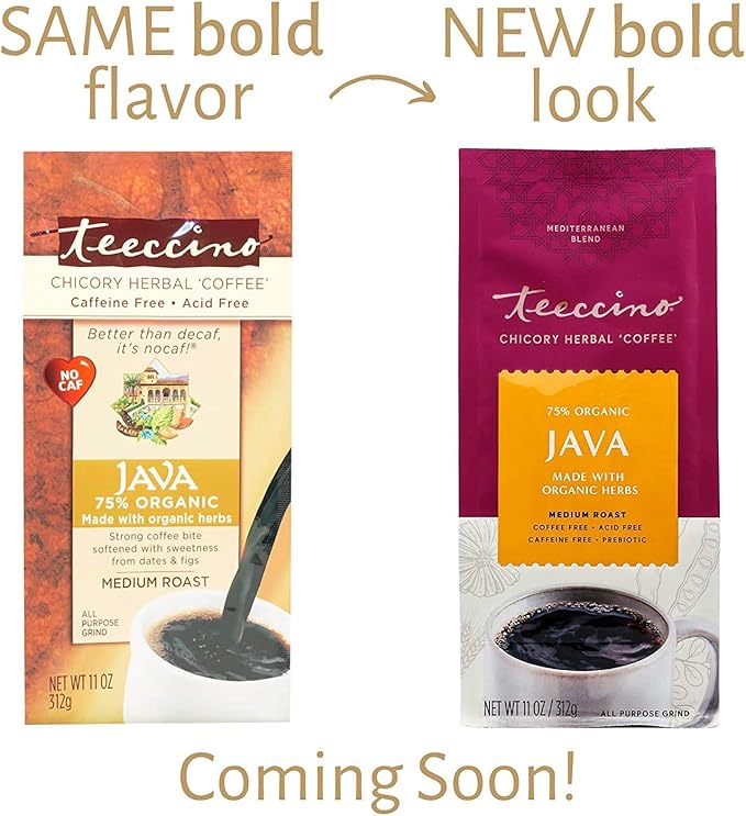 Teeccino Chicory Coffee Alternative - Java - Ground Herbal Coffee Caffeine-Free &amp Acid Free Medium Roast 11 Ounce (2 Pack)
