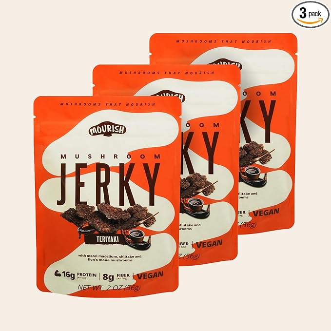 Mourish Vegan Mushroom Jerky Teriyaki Flavor 3 Pack (2 oz) Good Source of Protein and Fiber Plant Based Meat Meatless Healthy Snacks for Hiking Camping Work Travel &amp School