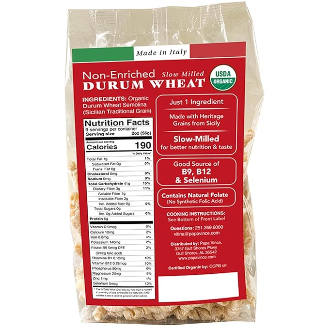 Papa Vince Organic whole wheat pasta - Non Enriched No Bleached made from ancient grains grown in Sicily Italy. No funny taste. Al dente texture even if reheated. Minimal Processing. Small Batch Pro