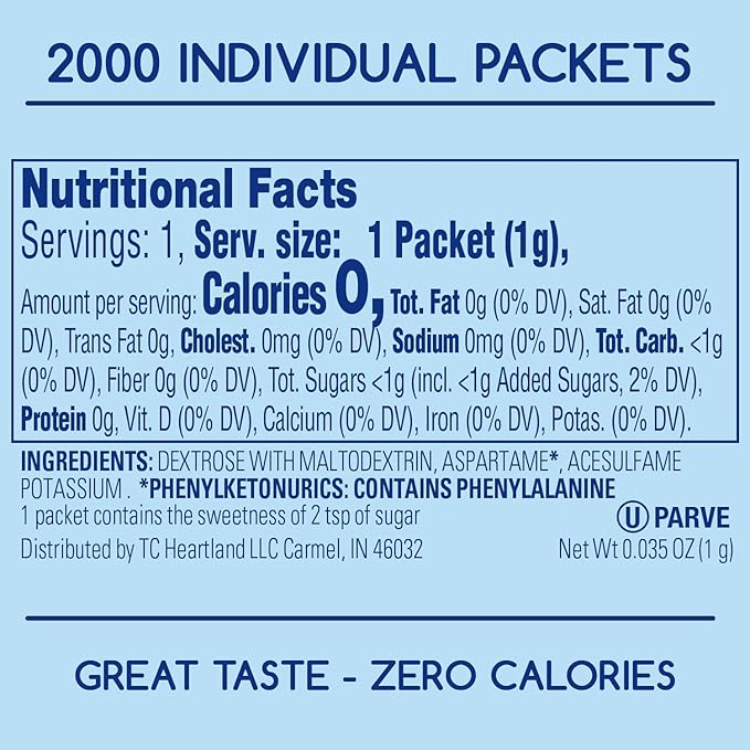 Complements Zero Calorie Aspartame Blue Sweetener Packets 2000 Count