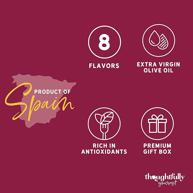 Thoughtfully Gourmet Olive Oil Sampler Gift Set Premium Extra-Virgin Olive Oil from Spain Natural Flavors Include Garlic Chili Smoky Bacon Mushroom Jalapeno and More Set of 8