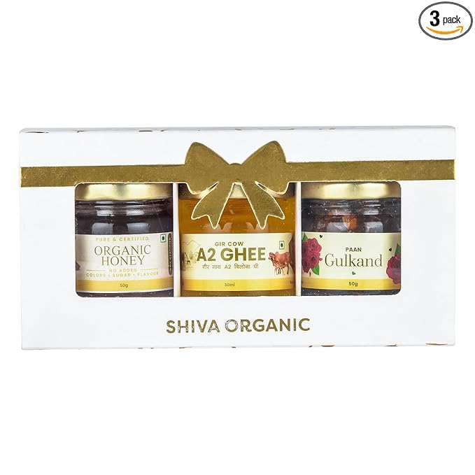 White and Gold Gift Box (50g each - Honey+A2 Ghee+Gulkand)