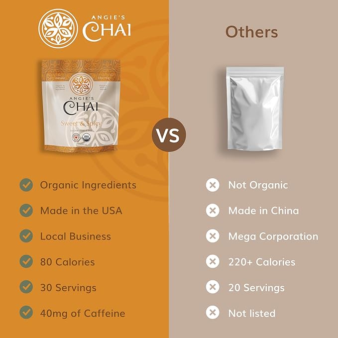 Angie's Chai Sweet &amp Spicy Organic Instant Chai Tea Powder - Made in USA Delicious Spiced Chai Powder Mix 30 Servings 80 Calories Handcrafted Free of Artificial Ingredients Natural Indian Sp