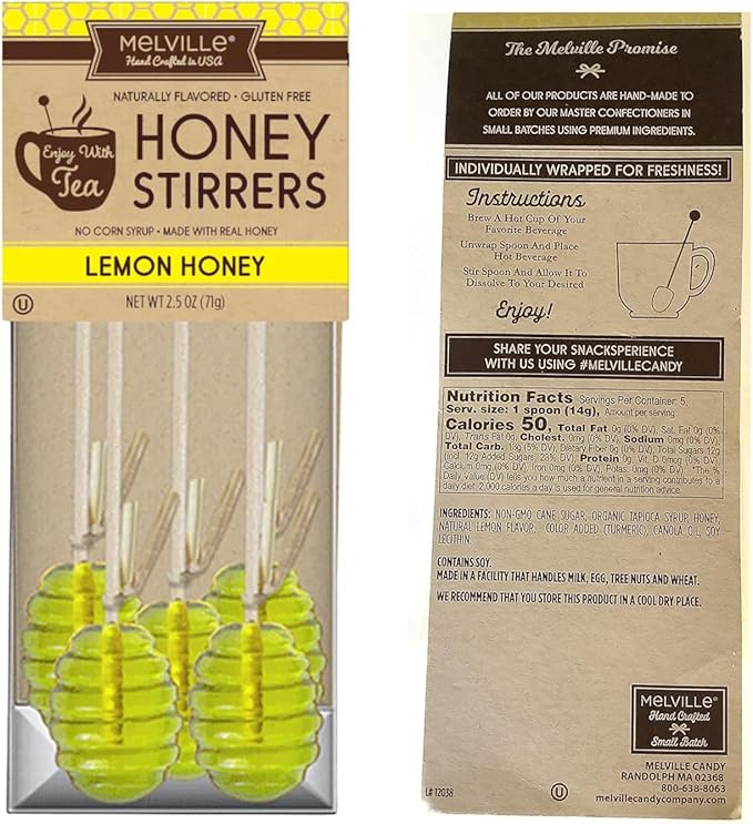 Melville Honey Spoon Bundle Pack of 3 Flavors - Honey Dipper Manuka Lemon Orange Blossom - 15 Honey Spoons For Tea - Delicious Candy Spoons - Hard Candy Honey Spoons Lollipop On Wooden Ball Sticks