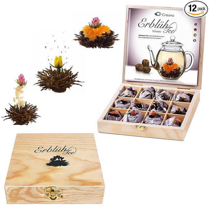 Creano Abloom Tea - Blooming Gift Set in Wooden Box - 12 Pieces in 3 Variations Black