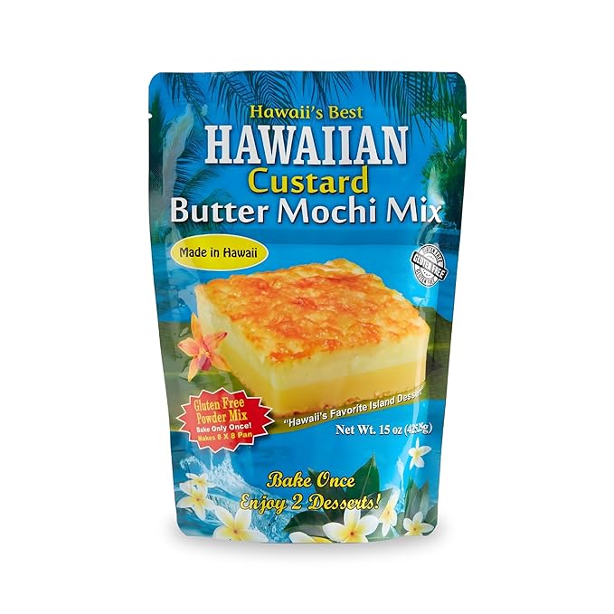 Hawaii's Best Custard Butter Mochi Mix Hawaiian Snacks Baking Mix Authentic Island Dessert Made with Sweet Rice Flour &amp Coconut Milk Gluten Free Pancake Mix Easy-to-Make Treat for Family 15 o