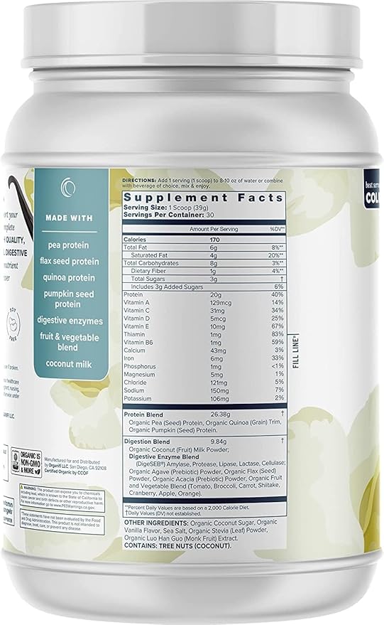 Complete Protein Vanilla Flavor - Organic Vegan Plant Based Protein Powder with Enzymes - 30 Day Supply - No Soy Dairy or Gluten (Vanilla Pack of 1)