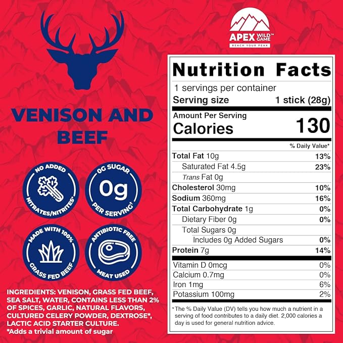 Apex Wild Game Gluten Free Keto Paleo Grass Fed Beef Zero Sugar Jerky Meat Snack Stick 1oz 12-Pack Venison