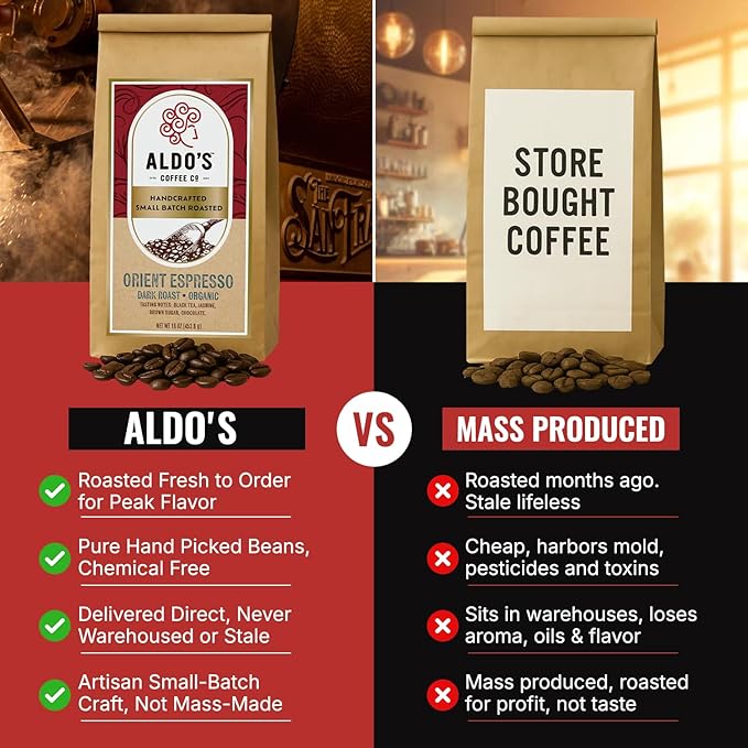 Aldo's Coffee Company Orient Espresso - Organic Dark Roast Whole Bean Coffee Espresso Blend - 16 oz