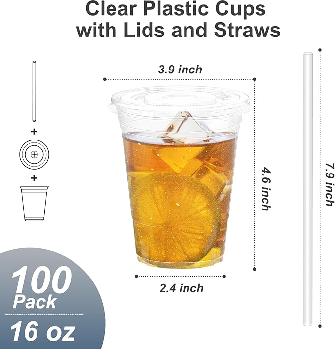 100 Pack - 16 oz Clear Plastic Cups with Lids and Straws Sturdy &amp Food Safe Iced Coffee Cups with lids Disposable Plastic Smoothie Cups for Cold Drinks