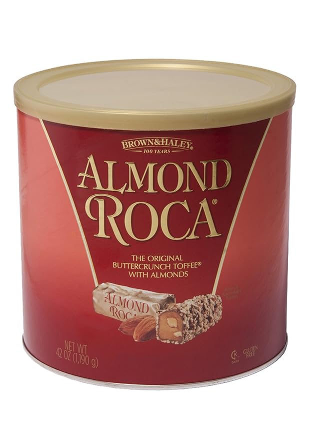 Brown &amp Haley Almond ROCA The Original Buttercrunch Toffee with Almonds Canister - Individually Wrapped Chocolate for Holiday Gift Basket - Gluten Free Kosher Chocolate Candy for Sharing 42oz Pac