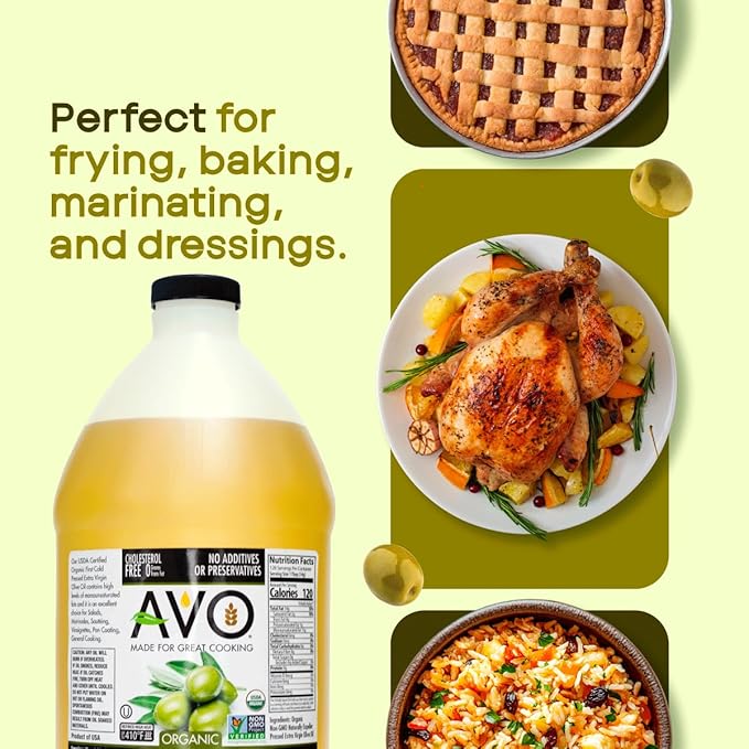 AVO Organic Olive Oil Extra Virgin Cold Pressed 64 Fl-oz (Half Gallon) NO preservatives added High Smoke Point 410°F Oil Cooking